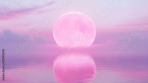 A pink moon is reflected in the water. The sky is pink and the water is calm. The scene is peaceful and serene