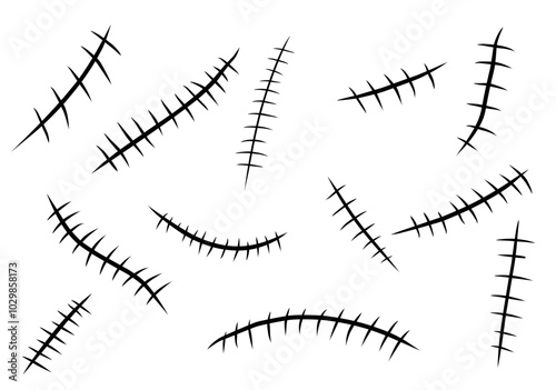 Hand drawn scar set. Stitches collection. Vector illustration