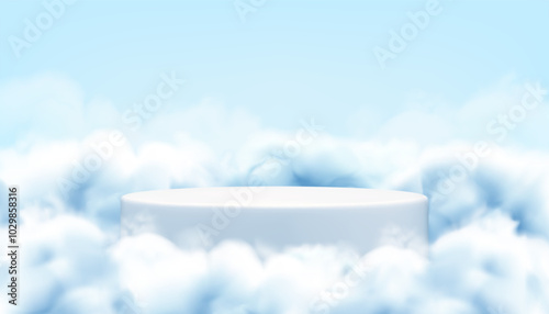 Platform in clouds or smoke. Realistic vector background, white podium in blue sky. Mockup for product display, abstract stage in fog