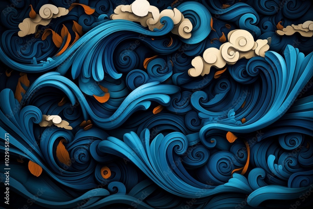 Illustration of waves swirling into abstract forms, with vibrant blue hues Illustration of waves swirling into abstract forms, with vibrant blue hues