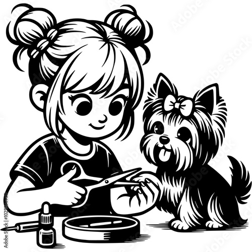 Girl owner doing manicure for her pet Yorkshire terrier in monochrome. Simple minimalistic vector in black ink drawing on transparent background