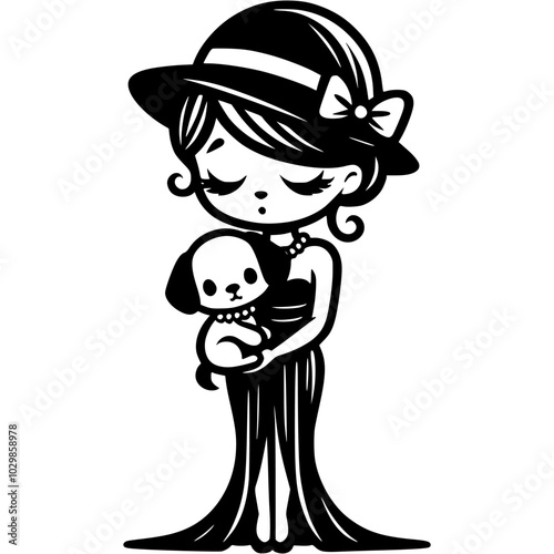 Lady holds a small terrier puppy in her arms in monochrome. Simple minimalistic vector in black ink drawing on transparent background