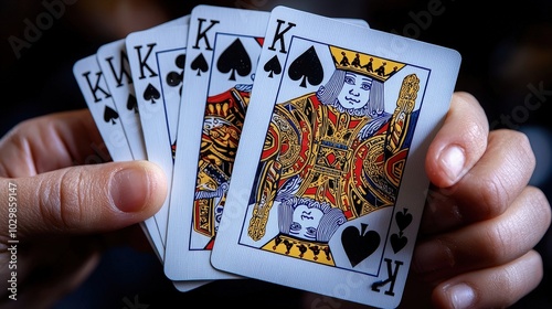 A hand displays five king of spades cards, showcasing a powerful hand in a competitive card game. The atmosphere is tense and focused, emphasizing strategic gameplay among friends photo