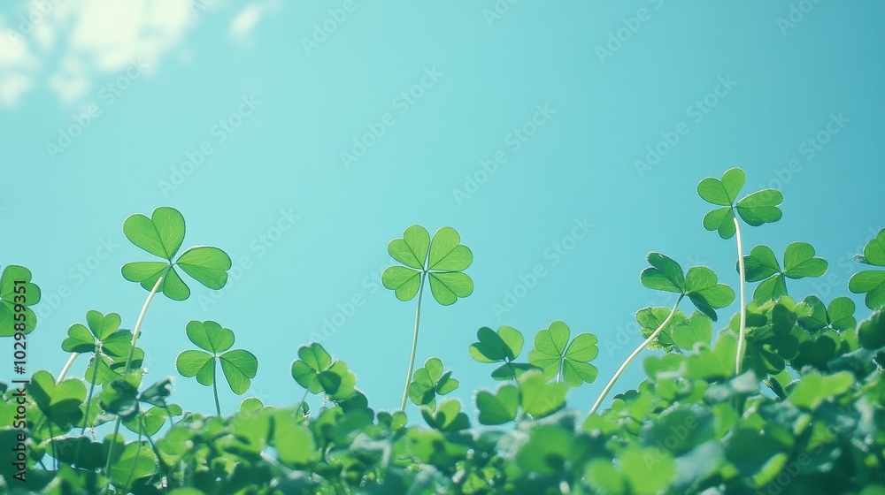 shamrocks with clover leaves under blue sky