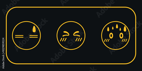 Three yellow tense emoticons in a frame. Vector on a black background