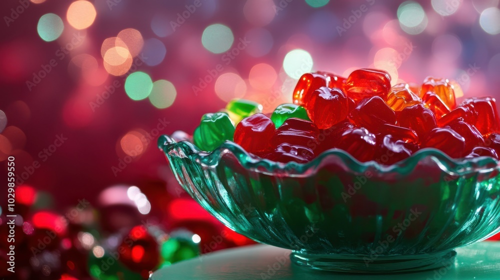 Red and green jelly candies in a decorative bowl, sitting on a mint table with a deep wine-colored background and sparkling holiday bokeh, copy space, Merry Christmas background, festive candy ad
