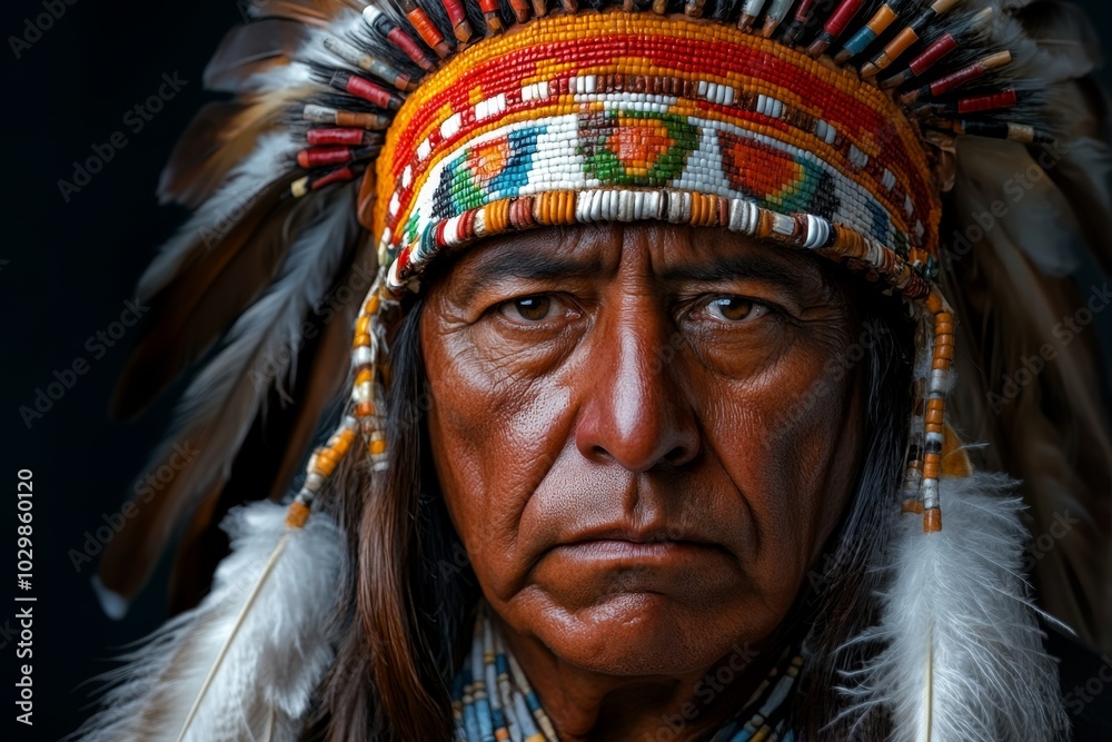 Native American elder wearing a feathered headdress, with wisdom in their eyes Native American elder wearing a feathered headdress, with wisdom in their eyes
