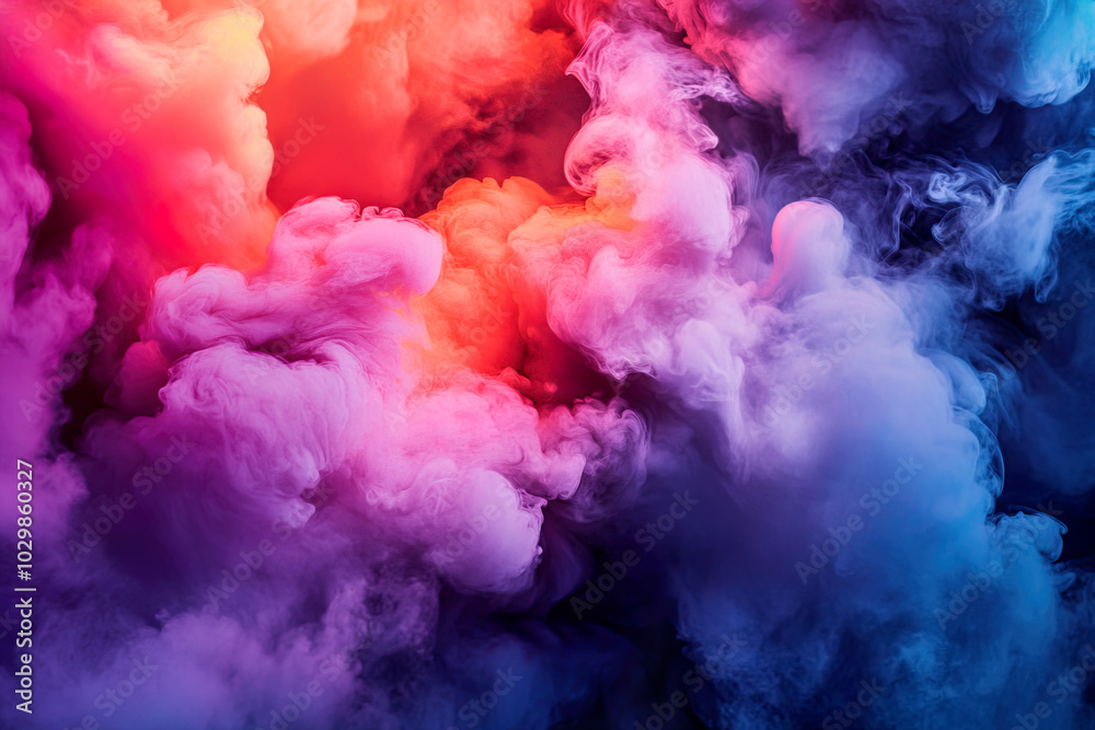 Fototapeta premium Abstract fluid background, A painting of a blue, pink and white swirl with orange and yellow accents