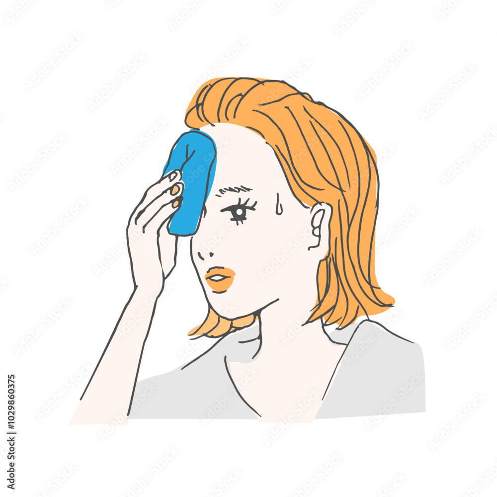 A woman wipes sweat with a handkerchief. She is hot after exercising. A woman wipes sweat with a handkerchief. She is hot after exercising.
