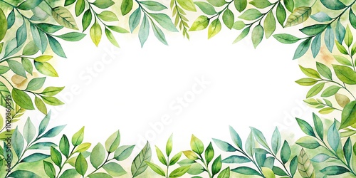 Watercolor leafy frame border on empty page with white background from low angle view