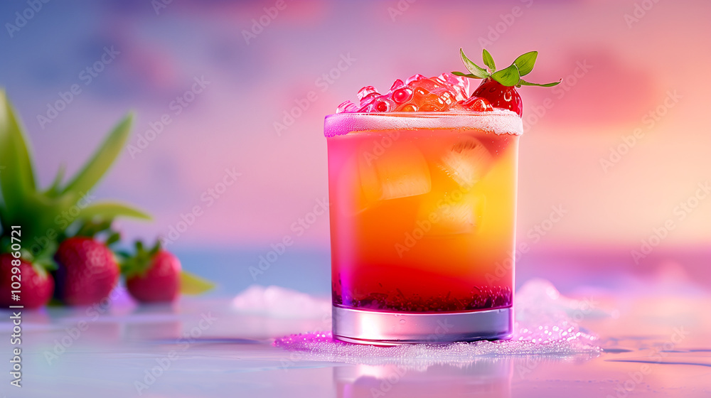 A glass of mixed drink with a strawberry on top. The drink is a mix of orange and pink colors A glass of mixed drink with a strawberry on top. The drink is a mix of orange and pink colors