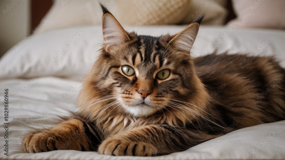 Obraz premium Brown maine coon cat lying on bed in the bedroom