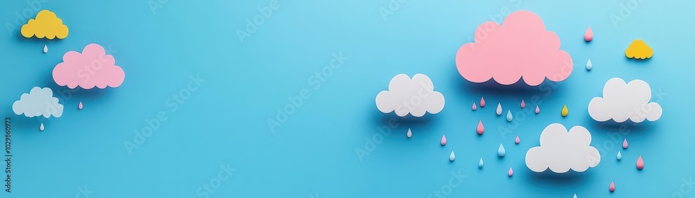 Paper clouds with raindrops, whimsical design on sky, flat design illustration Paper clouds with raindrops, whimsical design on sky, flat design illustration