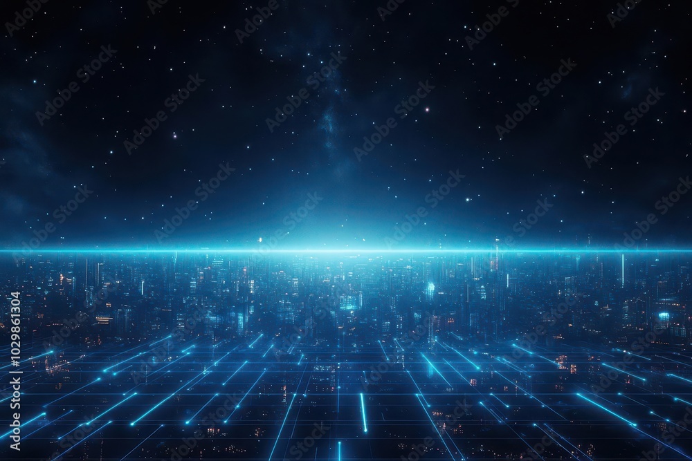 Massive city under a glowing blue force field, neon lights flickering, distant stars and cosmic dust, Digital art, High contrast Massive city under a glowing blue force field, neon lights flickering, distant stars and cosmic dust, Digital art, High contrast