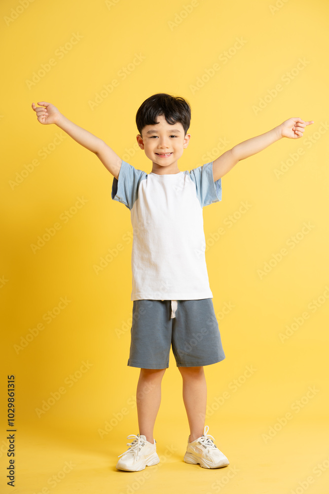Full body image of asian kid boy wearing summer clothes posing on yellow background Full body image of asian kid boy wearing summer clothes posing on yellow background