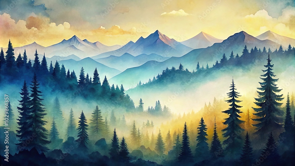 Obraz premium watercolor mountains and trees landscape Silhouette