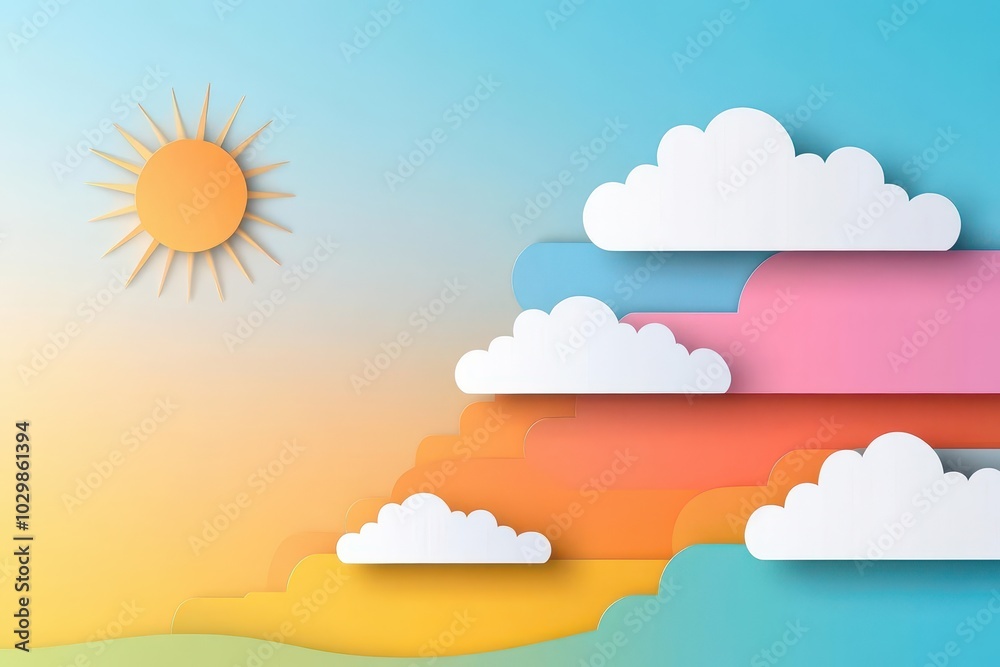 Layered paper clouds, sunset hues, calming scene, flat design illustration Layered paper clouds, sunset hues, calming scene, flat design illustration