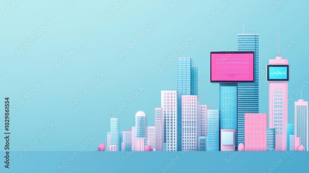 Hightech skyscrapers with digital billboards, flat design, side view, futuristic urban landscape theme, cartoon drawing, Triadic Color Scheme Hightech skyscrapers with digital billboards, flat design, side view, futuristic urban landscape theme, cartoon drawing, Triadic Color Scheme