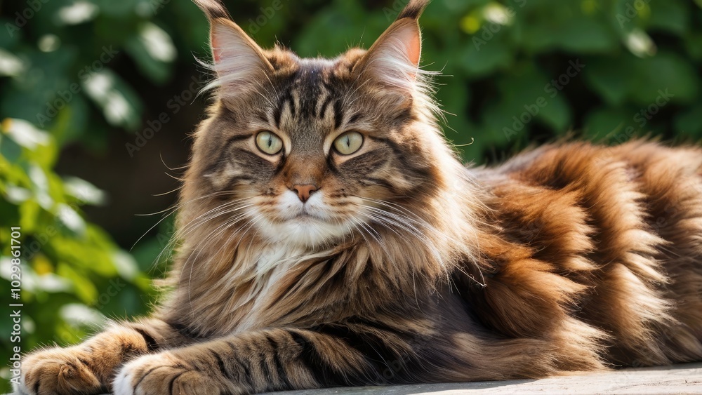Brown maine coon cat lying outside in the garden Brown maine coon cat lying outside in the garden
