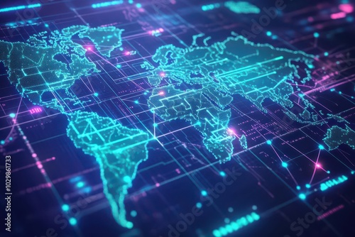 Global digital map with interconnected nodes, displaying bright blue lines connecting continents, futuristic, network grid, isometric 3D, neon blue and green lighting