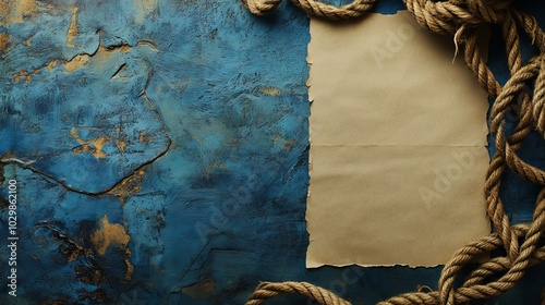 A blank letter sheet and rope moorings on a blue table evoke the spirit of exploration, paying homage to Columbus Day. photo