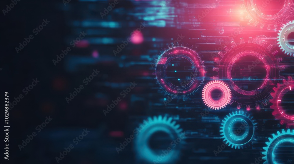 Curved gears, futuristic neon light, dynamic abstract background, sleek mechanical flow