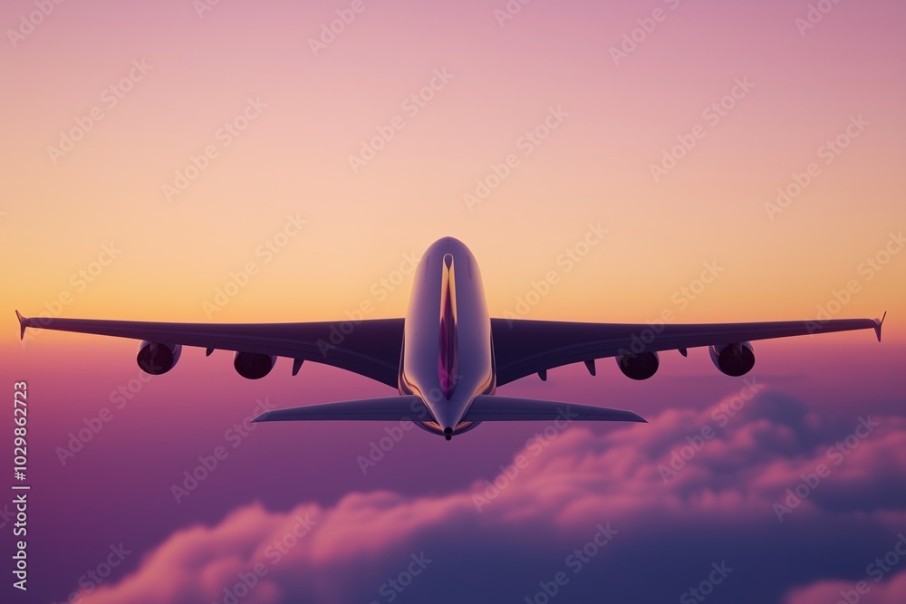 passenger plane flying in the sky at sunset, with orange and purple colors, a simple background, concept of free and open world, travel and passenger transport passenger plane flying in the sky at sunset, with orange and purple colors, a simple background, concept of free and open world, travel and passenger transport