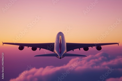 passenger plane flying in the sky at sunset, with orange and purple colors, a simple background, concept of free and open world, travel and passenger transport