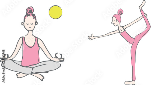 A woman is doing yoga poses and relaxing.