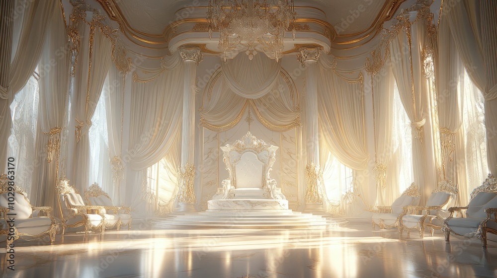Obraz premium opulent throne room bathed in ethereal light intricate white marble throne centerpiece gossamer curtains and crystal chandeliers