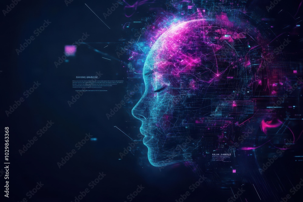 Abstract representation of a human face surrounded by swirling digital storms, glitch effects, neon purple and pink, symbolizing emotional turmoil Abstract representation of a human face surrounded by swirling digital storms, glitch effects, neon purple and pink, symbolizing emotional turmoil