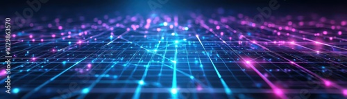 A virtual grid with intersecting glowing lines, representing a digital highway of data, abstract futuristic, 3D geometric design, neon blue and purple glow