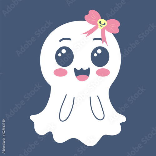 Cute girl ghost with bow. Spooky funny Halloween character. Vector flat hand drawn illustration.