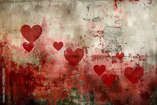 A grungy wall with hearts painted on it