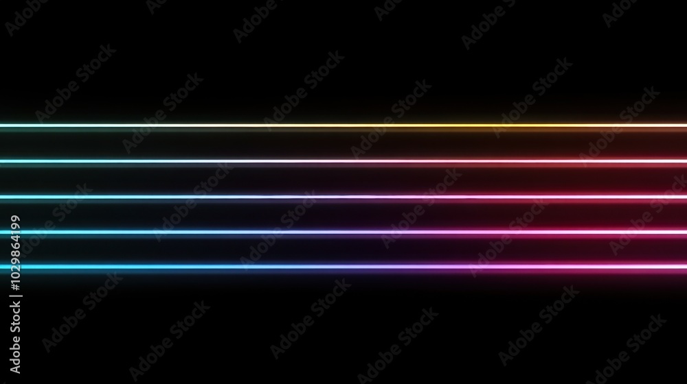 Empty black surface with glowing iridescent neon lines forming abstract smooth texture background for modern designs