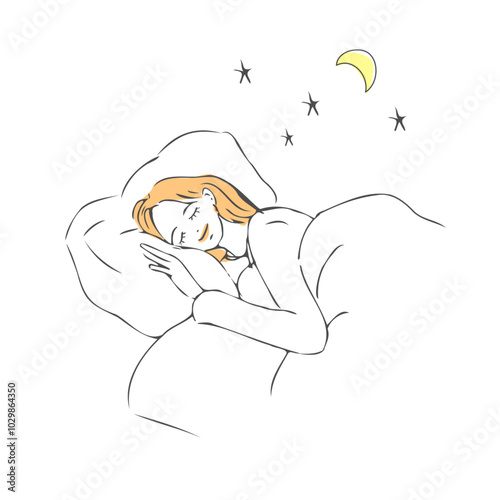 A woman sleeping comfortably in her futon. The moon and stars are visible.