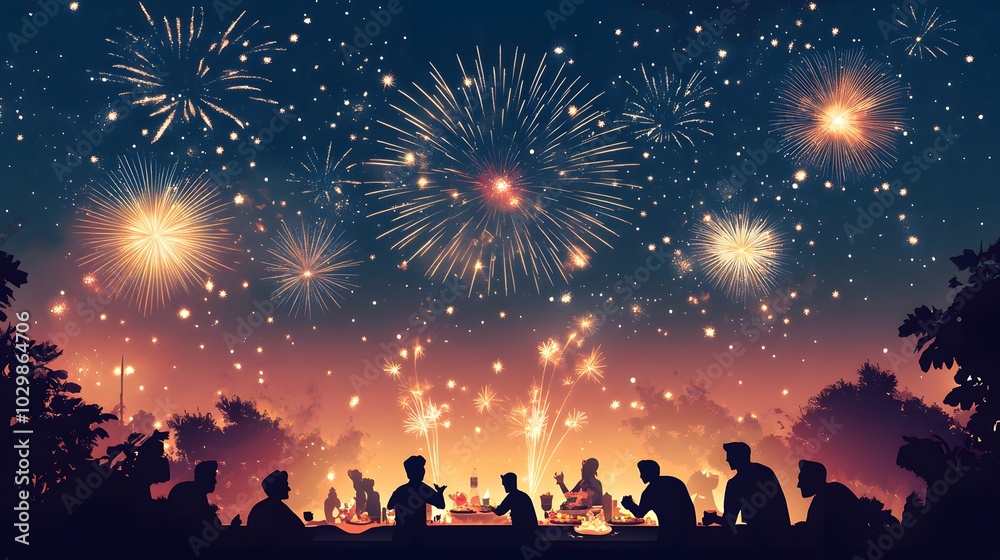 fireworks lighting up the night sky over a Yalda Night feast fireworks lighting up the night sky over a Yalda Night feast