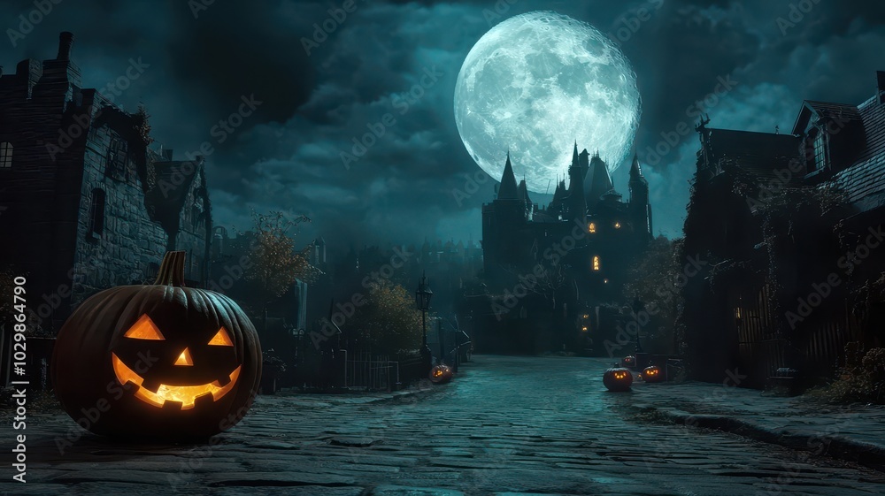 Naklejka premium Halloween pumpkin lantern on empty street with Full moon on background in midnight,Happy halloween greeting text,Trick or treat,october month,spooky and ghost,Halloween day banner,copy space.