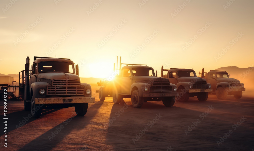 generated illustration antique truck in a row agianst sunset generated illustration antique truck in a row agianst sunset