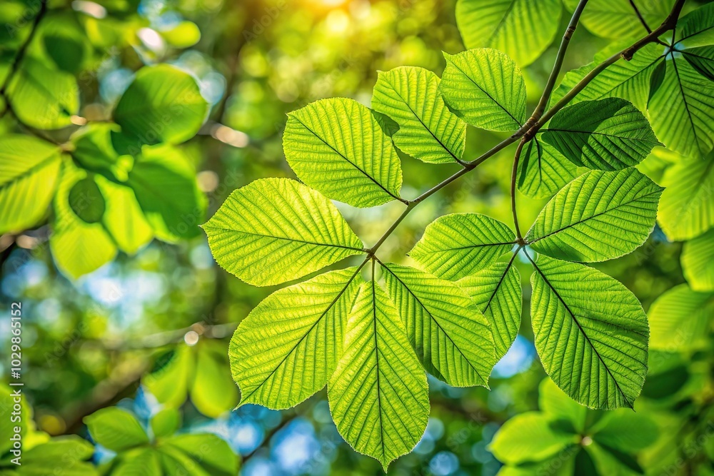 Selective focus shot of green leaves on tree branch Selective focus shot of green leaves on tree branch