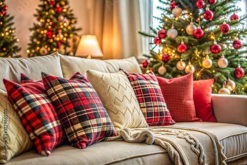 Cozy christmas living room with plaid pillows and decorated tree happy holidays