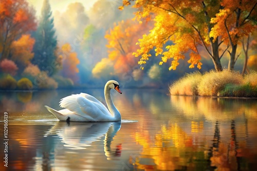 Fototapeta Naklejka Na Ścianę i Meble -  Watercolor painting of a swan on a lake surrounded by autumn leaves
