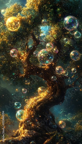 A large tree with iridescent bubbles floating around it.