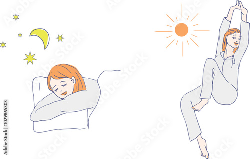 A woman sleeping comfortably in her futon. The moon and stars are visible.
A woman stretches her arms out and gets up in the morning. The sun is visible.