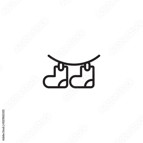 Icon of two socks hanging on a clothesline. A simple outline of two socks drying on a clothesline, showcasing the pegs holding them in place. Editable icon.