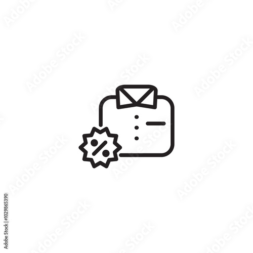 A shirt with a discount tag attached. A line drawing of a shirt with a discount tag featuring a percent symbol. Editable icon.