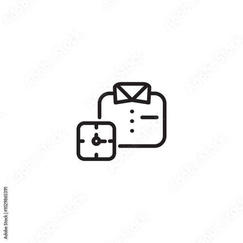 A shirt icon with a clock next to it. A line drawing of a shirt with a clock next to it, suggesting the concept of time management or scheduling. Editable icon.