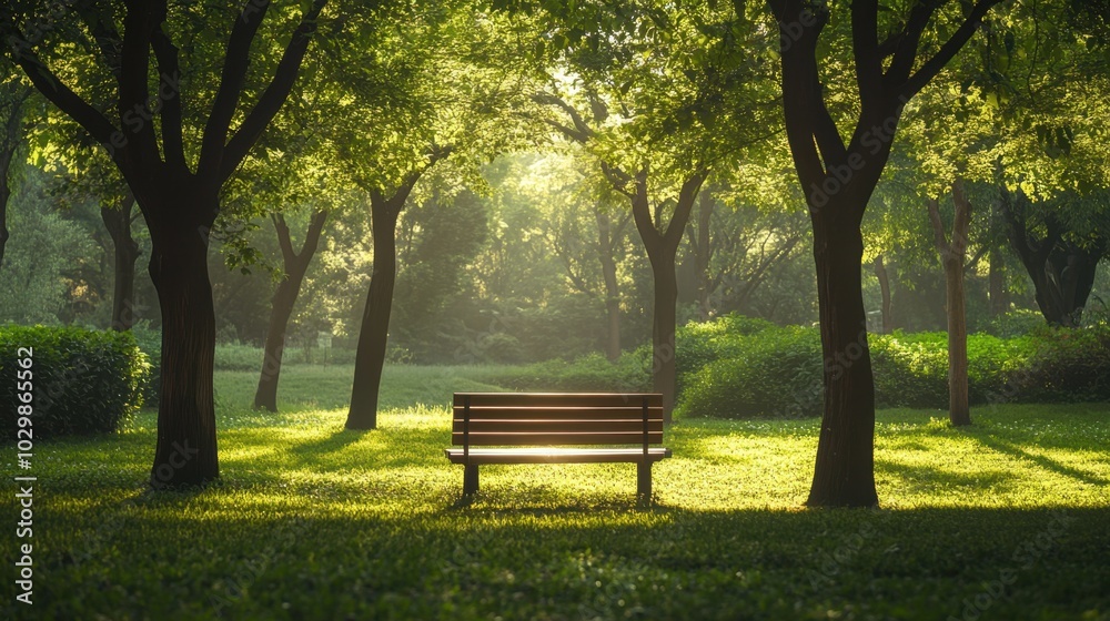 Calm and serene park bench surrounded by greenery under the shade of tall trees representing peaceful resolution Calm and serene park bench surrounded by greenery under the shade of tall trees representing peaceful resolution
