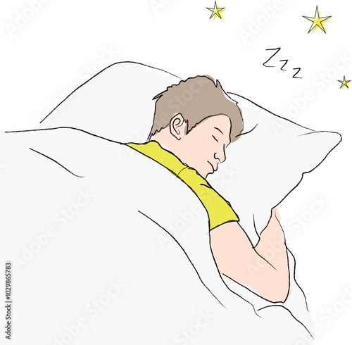 A man sleeping comfortably in her futon. The moon and stars are visible.