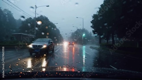 Driving in heavy rain and raindrops on the car window. rainy season concept